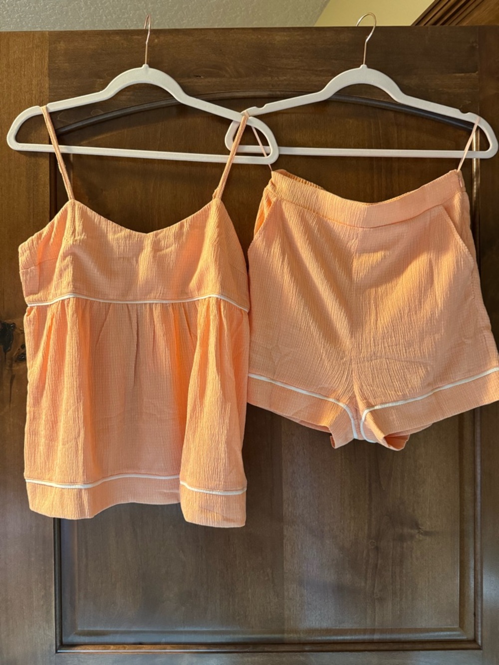 Peach Spaghetti-Strap Tank Top and shorts with White Piping